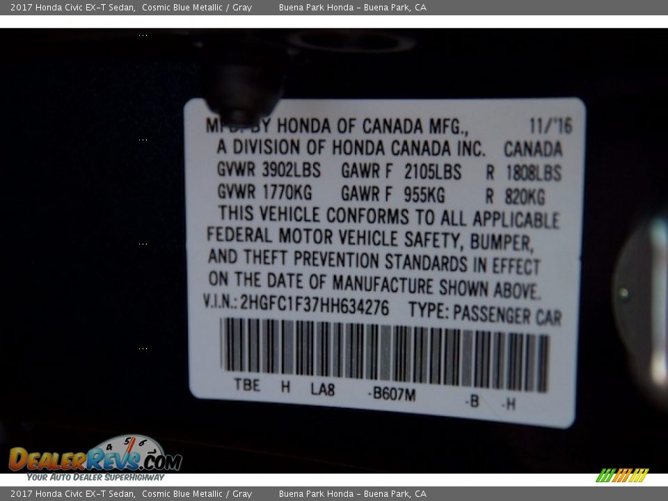 2017 Honda Civic EX-T Sedan Cosmic Blue Metallic / Gray Photo #18