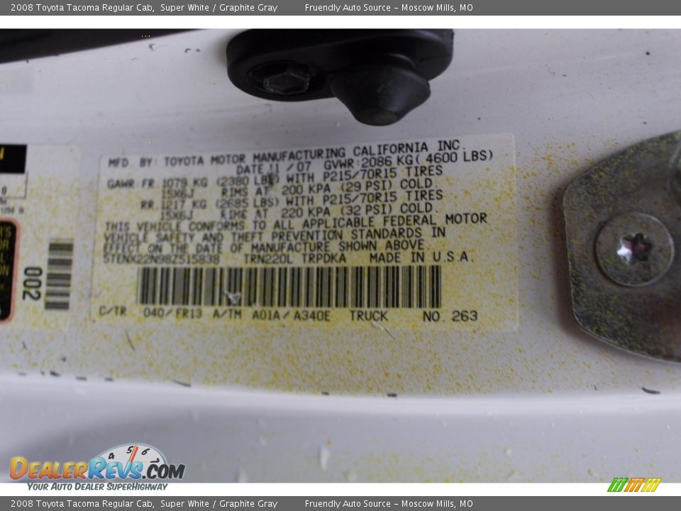 2008 Toyota Tacoma Regular Cab Super White / Graphite Gray Photo #26