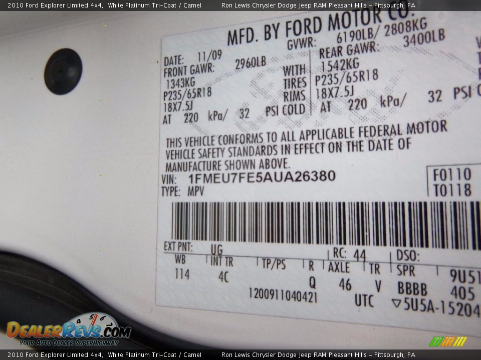 2010 Ford Explorer Limited 4x4 White Platinum Tri-Coat / Camel Photo #15