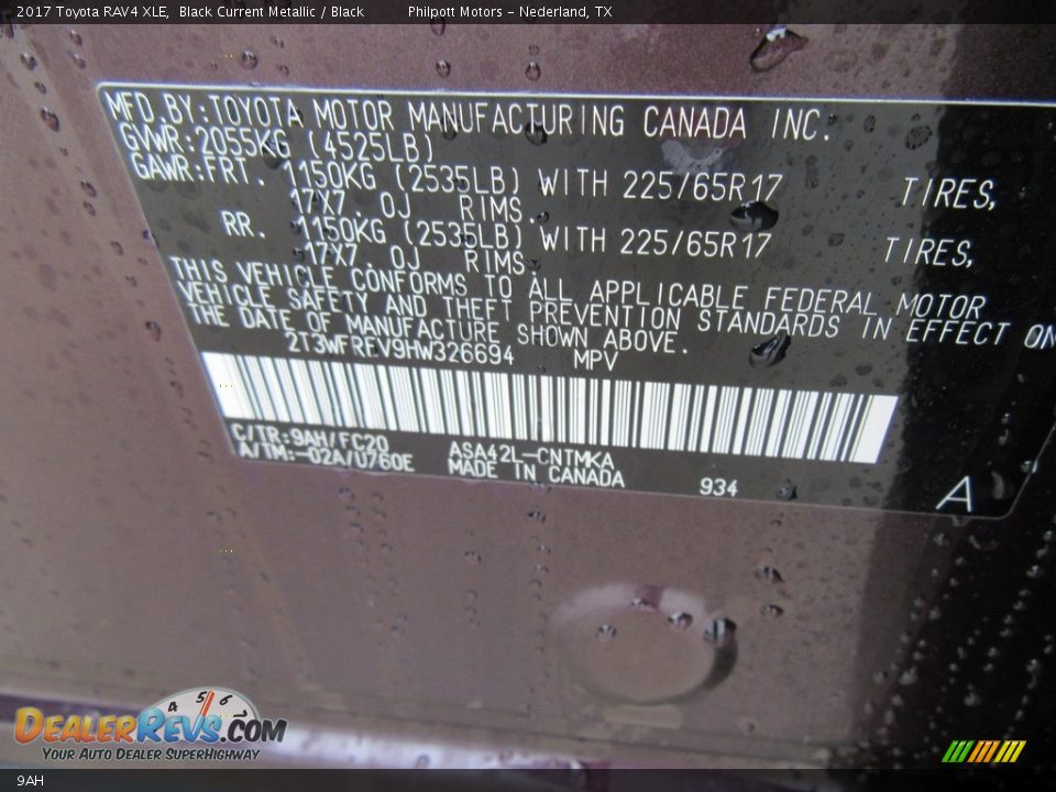 Toyota Color Code 9AH Black Current Metallic