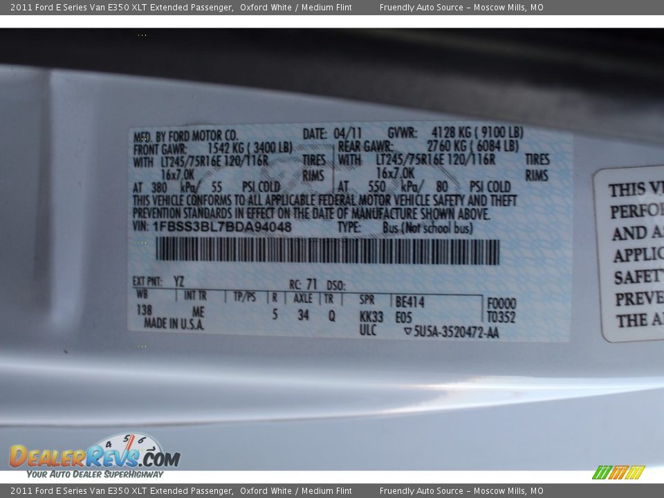 2011 Ford E Series Van E350 XLT Extended Passenger Oxford White / Medium Flint Photo #36