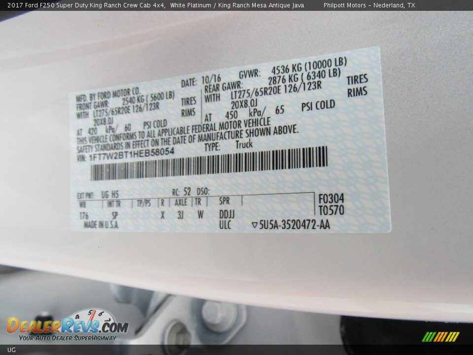 Ford Color Code UG White Platinum