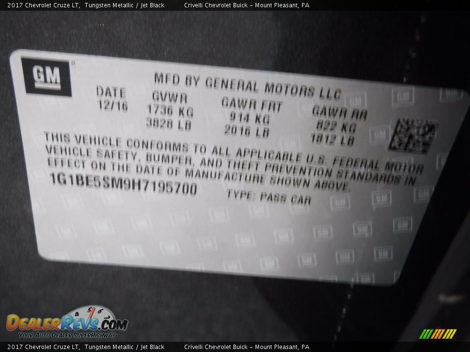 2017 Chevrolet Cruze LT Tungsten Metallic / Jet Black Photo #20