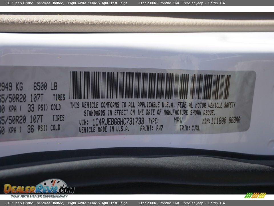 2017 Jeep Grand Cherokee Limited Bright White / Black/Light Frost Beige Photo #18
