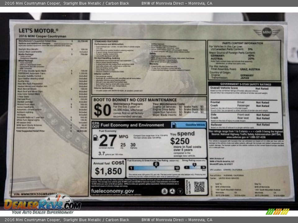 2016 Mini Countryman Cooper Starlight Blue Metallic / Carbon Black Photo #10