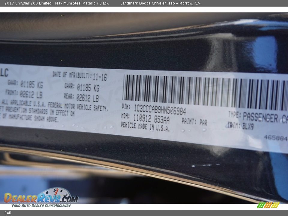 Chrysler Color Code PAR Maximum Steel Metallic