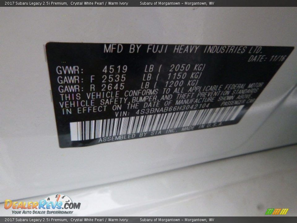 2017 Subaru Legacy 2.5i Premium Crystal White Pearl / Warm Ivory Photo #15