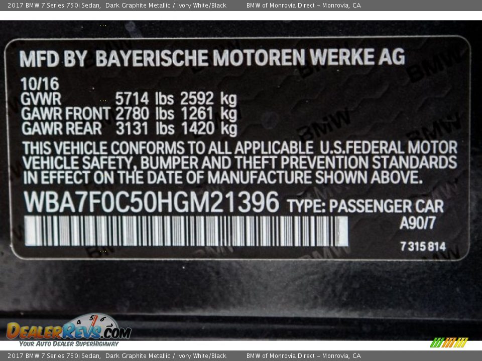 2017 BMW 7 Series 750i Sedan Dark Graphite Metallic / Ivory White/Black Photo #10