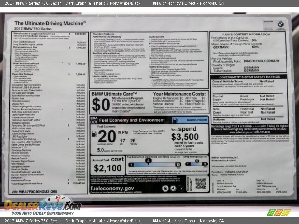 2017 BMW 7 Series 750i Sedan Window Sticker Photo #11