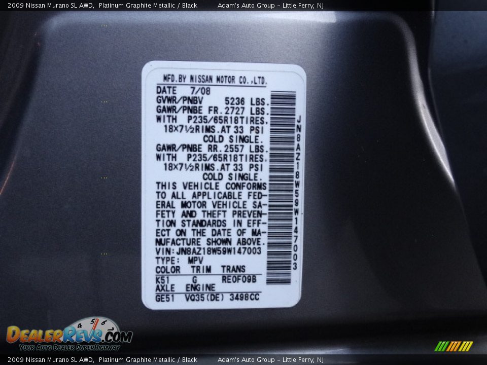 2009 Nissan Murano SL AWD Platinum Graphite Metallic / Black Photo #12