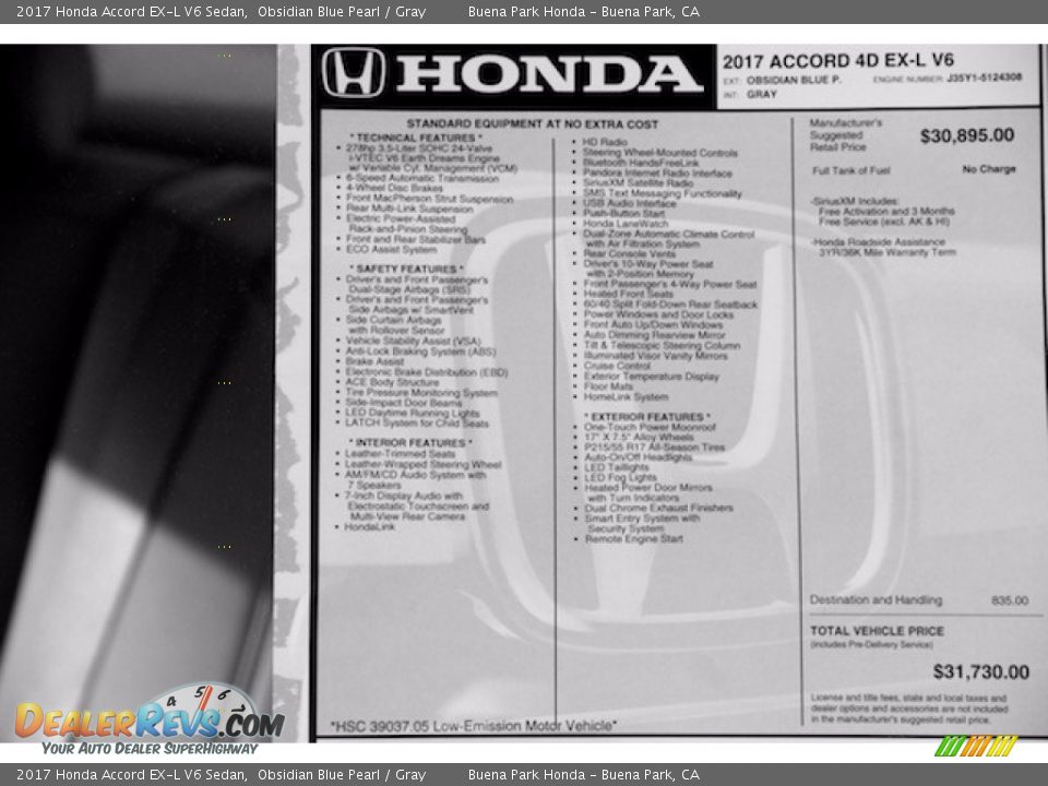 2017 Honda Accord EX-L V6 Sedan Obsidian Blue Pearl / Gray Photo #19