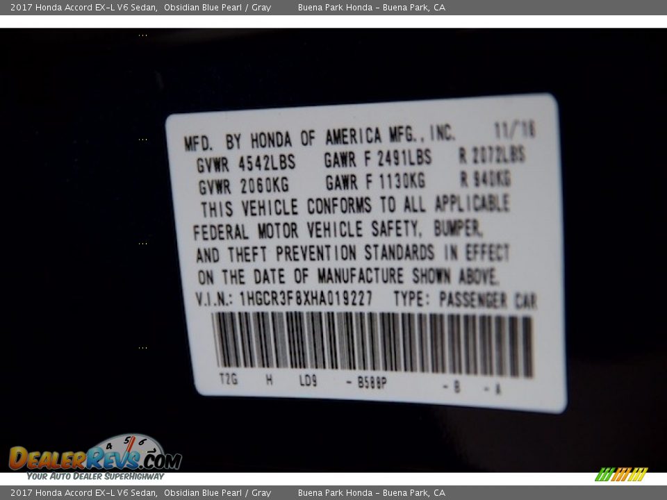 2017 Honda Accord EX-L V6 Sedan Obsidian Blue Pearl / Gray Photo #21