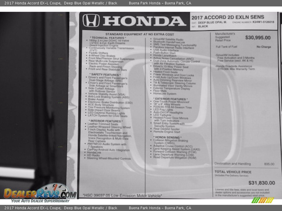 2017 Honda Accord EX-L Coupe Deep Blue Opal Metallic / Black Photo #17
