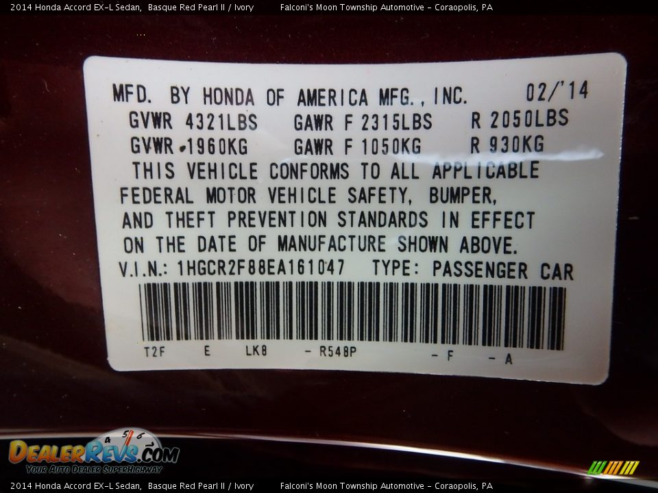 2014 Honda Accord EX-L Sedan Basque Red Pearl II / Ivory Photo #23