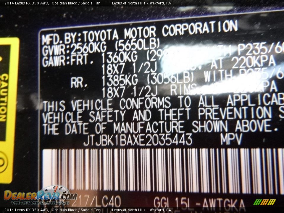 2014 Lexus RX 350 AWD Obsidian Black / Saddle Tan Photo #15