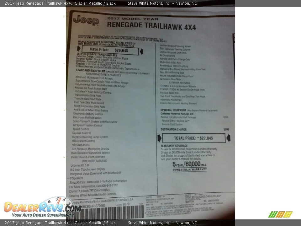 2017 Jeep Renegade Trailhawk 4x4 Window Sticker Photo #22