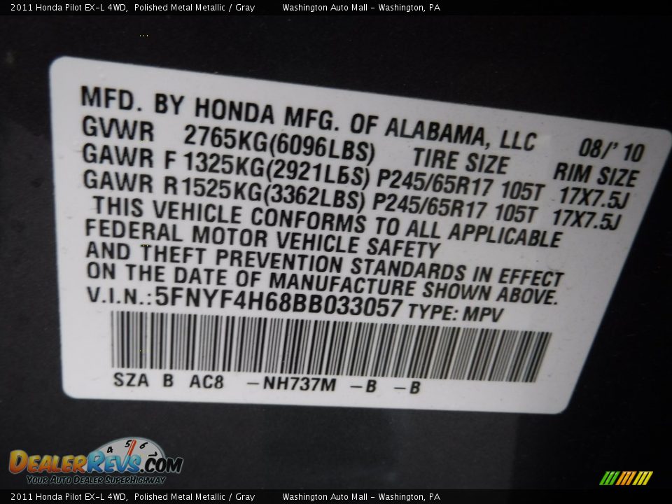 2011 Honda Pilot EX-L 4WD Polished Metal Metallic / Gray Photo #27