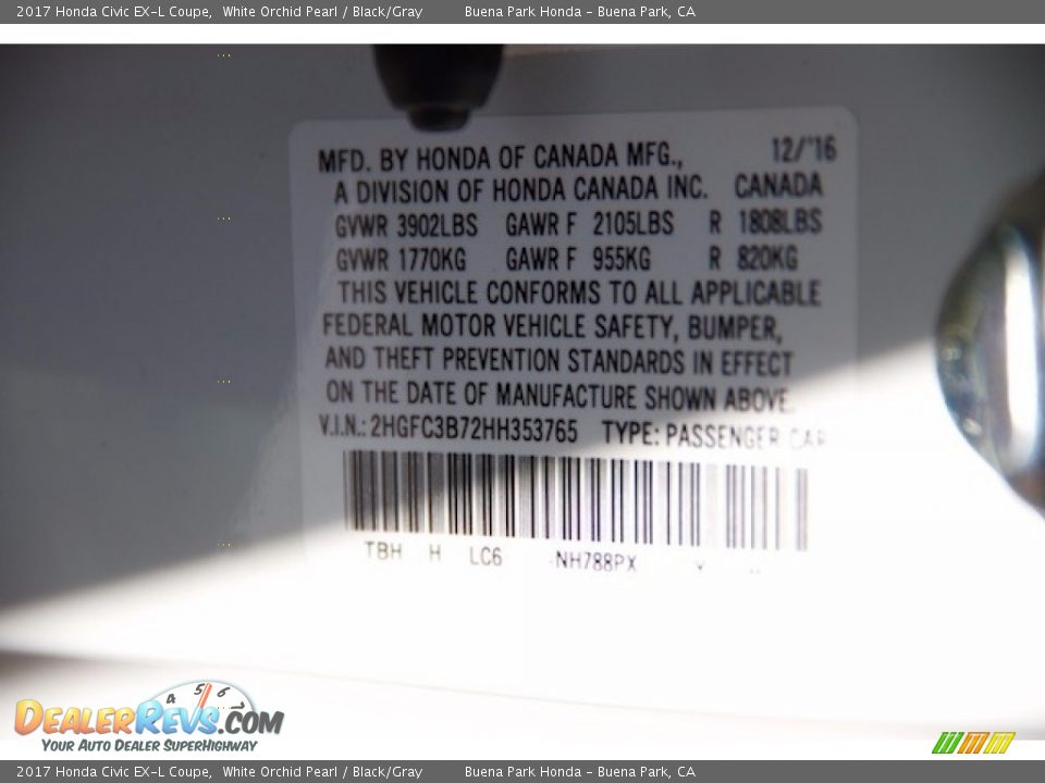 2017 Honda Civic EX-L Coupe White Orchid Pearl / Black/Gray Photo #16