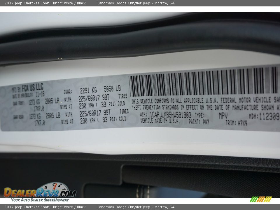 2017 Jeep Cherokee Sport Bright White / Black Photo #7