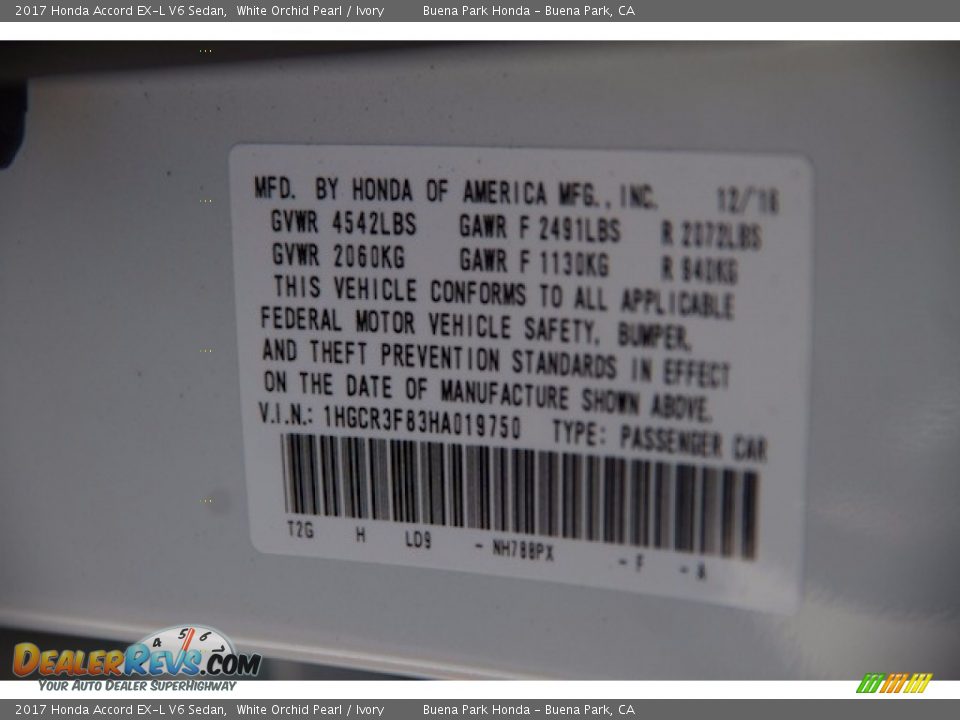 2017 Honda Accord EX-L V6 Sedan White Orchid Pearl / Ivory Photo #19