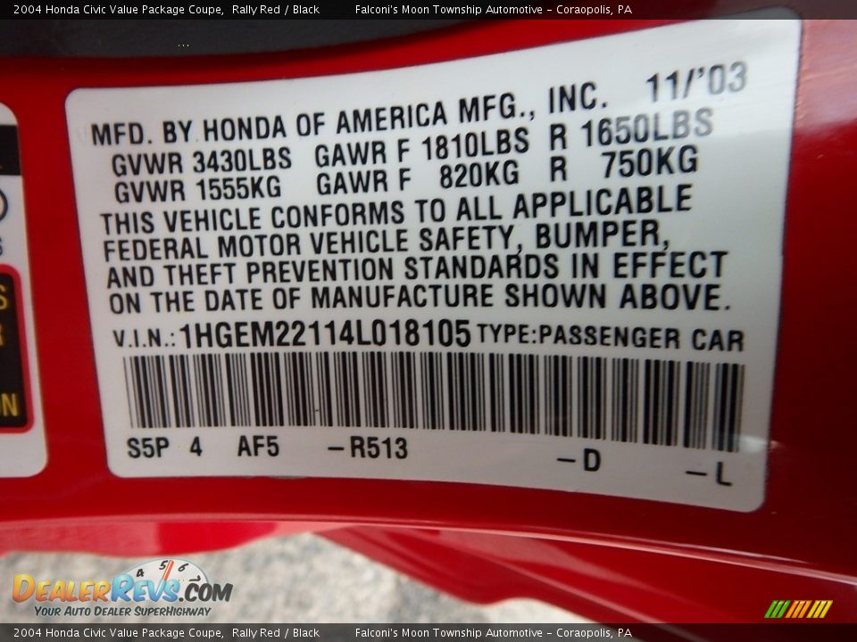 2004 Honda Civic Value Package Coupe Rally Red / Black Photo #19