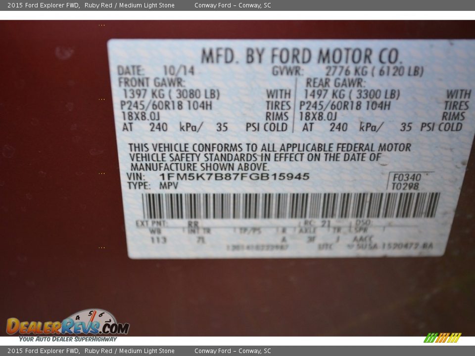 2015 Ford Explorer FWD Ruby Red / Medium Light Stone Photo #11