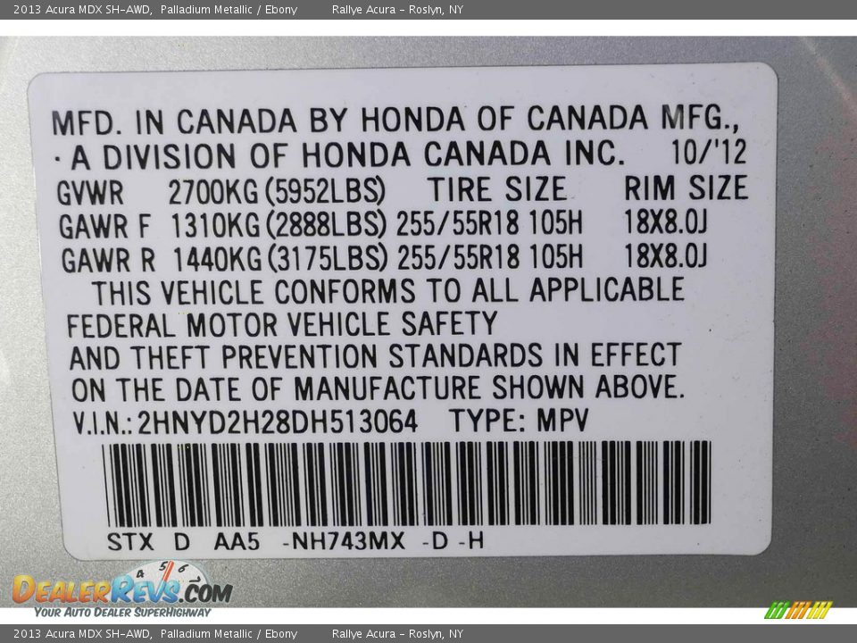 2013 Acura MDX SH-AWD Palladium Metallic / Ebony Photo #18
