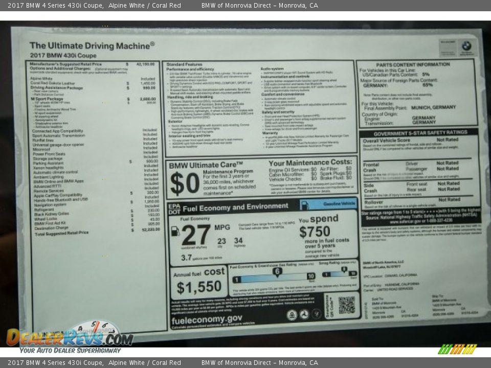 2017 BMW 4 Series 430i Coupe Alpine White / Coral Red Photo #10
