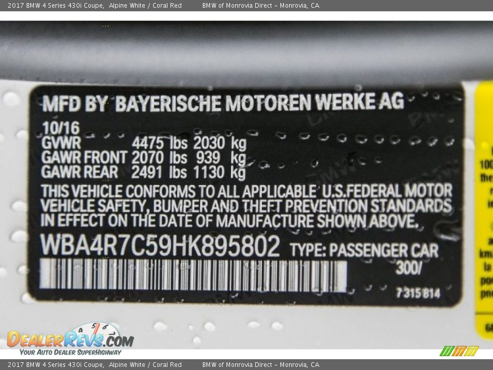 2017 BMW 4 Series 430i Coupe Alpine White / Coral Red Photo #11