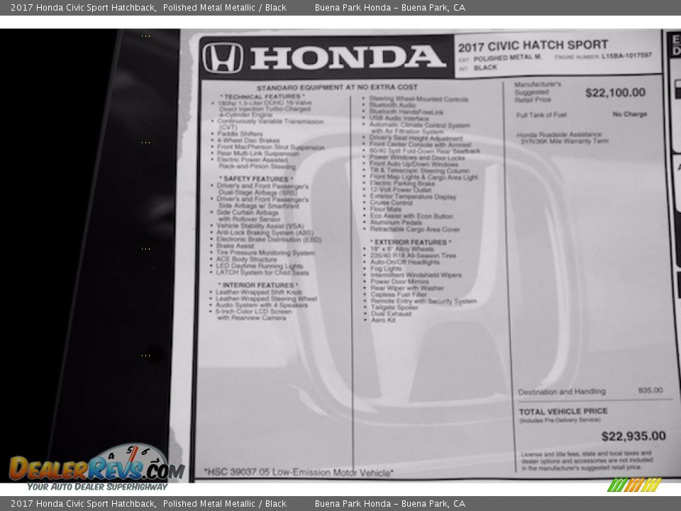 2017 Honda Civic Sport Hatchback Polished Metal Metallic / Black Photo #17