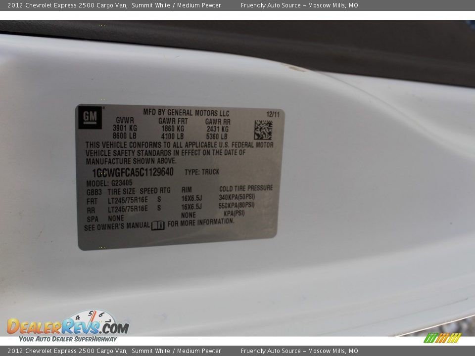 2012 Chevrolet Express 2500 Cargo Van Summit White / Medium Pewter Photo #14
