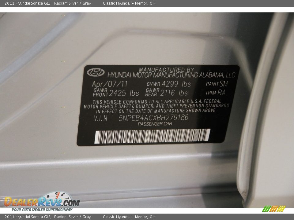 2011 Hyundai Sonata GLS Radiant Silver / Gray Photo #16