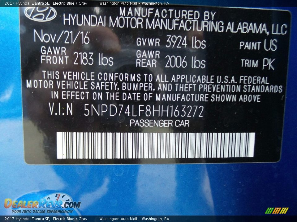 2017 Hyundai Elantra SE Electric Blue / Gray Photo #8