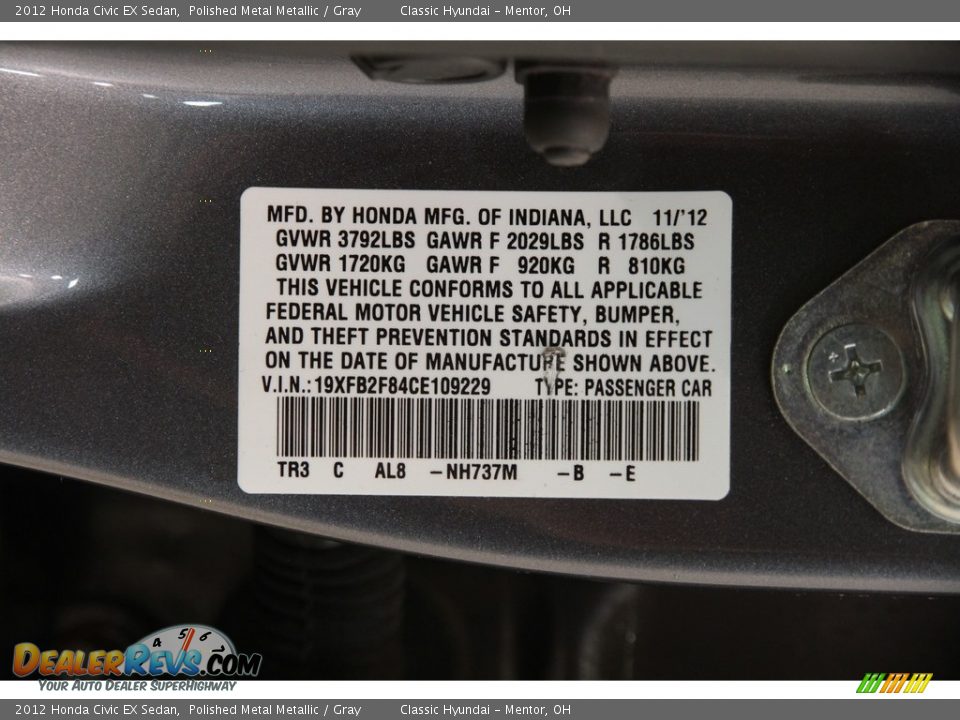 2012 Honda Civic EX Sedan Polished Metal Metallic / Gray Photo #17