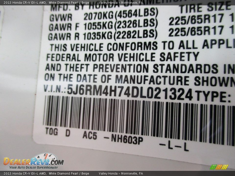 2013 Honda CR-V EX-L AWD White Diamond Pearl / Beige Photo #19