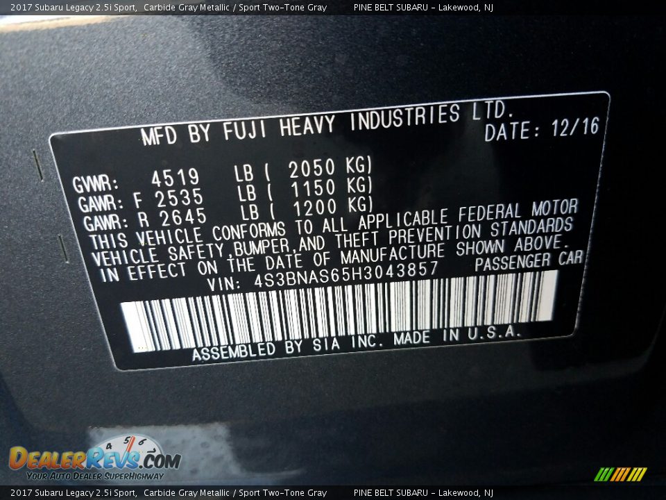 2017 Subaru Legacy 2.5i Sport Carbide Gray Metallic / Sport Two-Tone Gray Photo #10