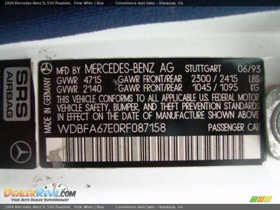 1994 Mercedes-Benz SL 500 Roadster Polar White / Blue Photo #18