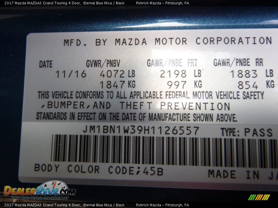 2017 Mazda MAZDA3 Grand Touring 4 Door Eternal Blue Mica / Black Photo #13