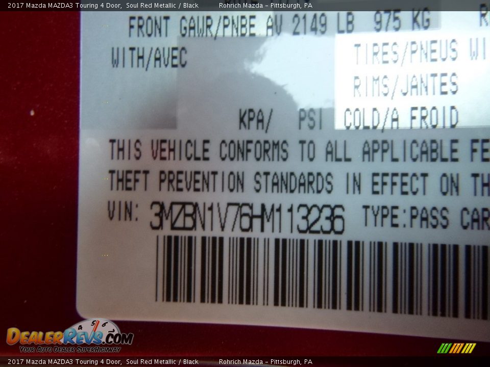2017 Mazda MAZDA3 Touring 4 Door Soul Red Metallic / Black Photo #11