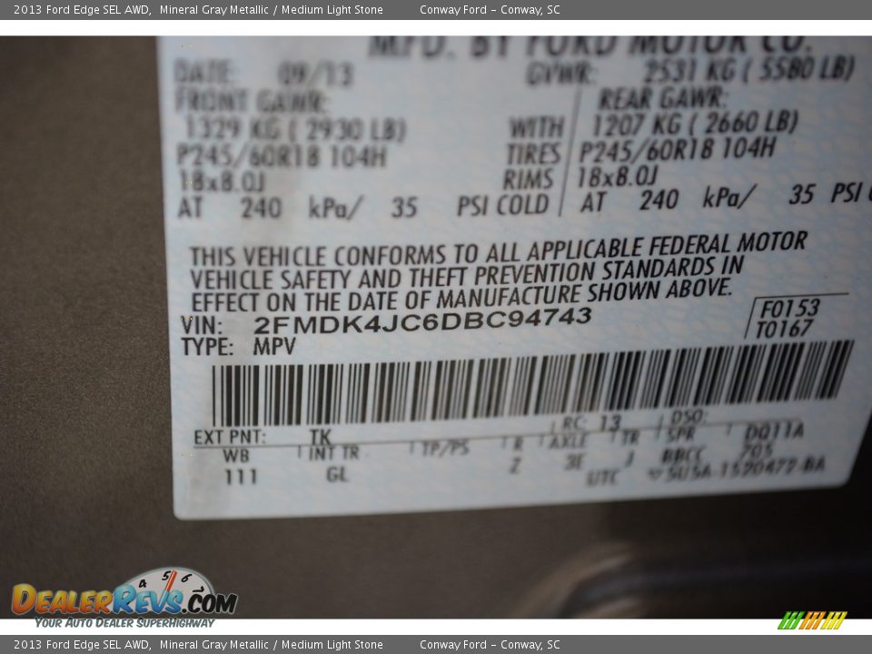 2013 Ford Edge SEL AWD Mineral Gray Metallic / Medium Light Stone Photo #12