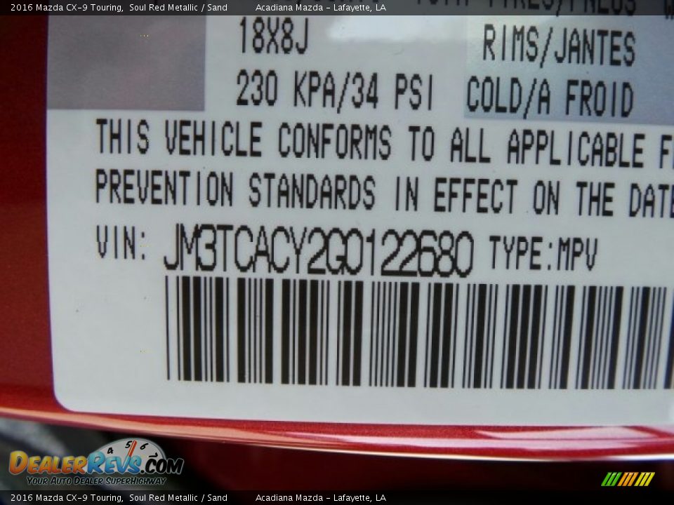 2016 Mazda CX-9 Touring Soul Red Metallic / Sand Photo #15