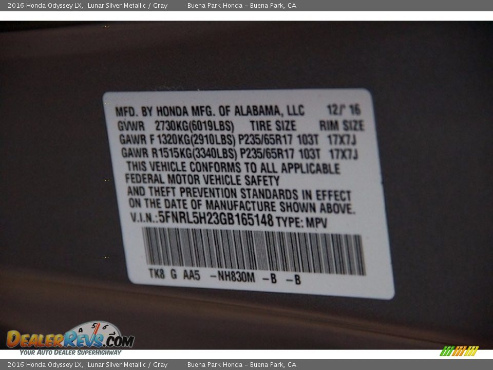 2016 Honda Odyssey LX Lunar Silver Metallic / Gray Photo #22