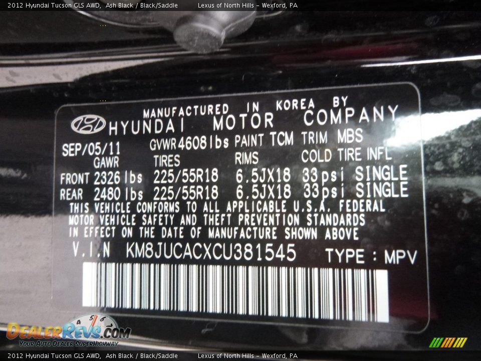 2012 Hyundai Tucson GLS AWD Ash Black / Black/Saddle Photo #12
