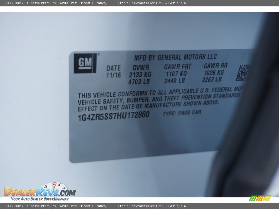 2017 Buick LaCrosse Premium White Frost Tricoat / Brandy Photo #16