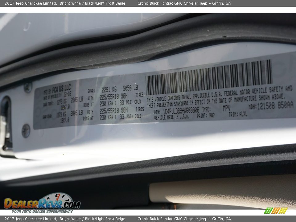 2017 Jeep Cherokee Limited Bright White / Black/Light Frost Beige Photo #16