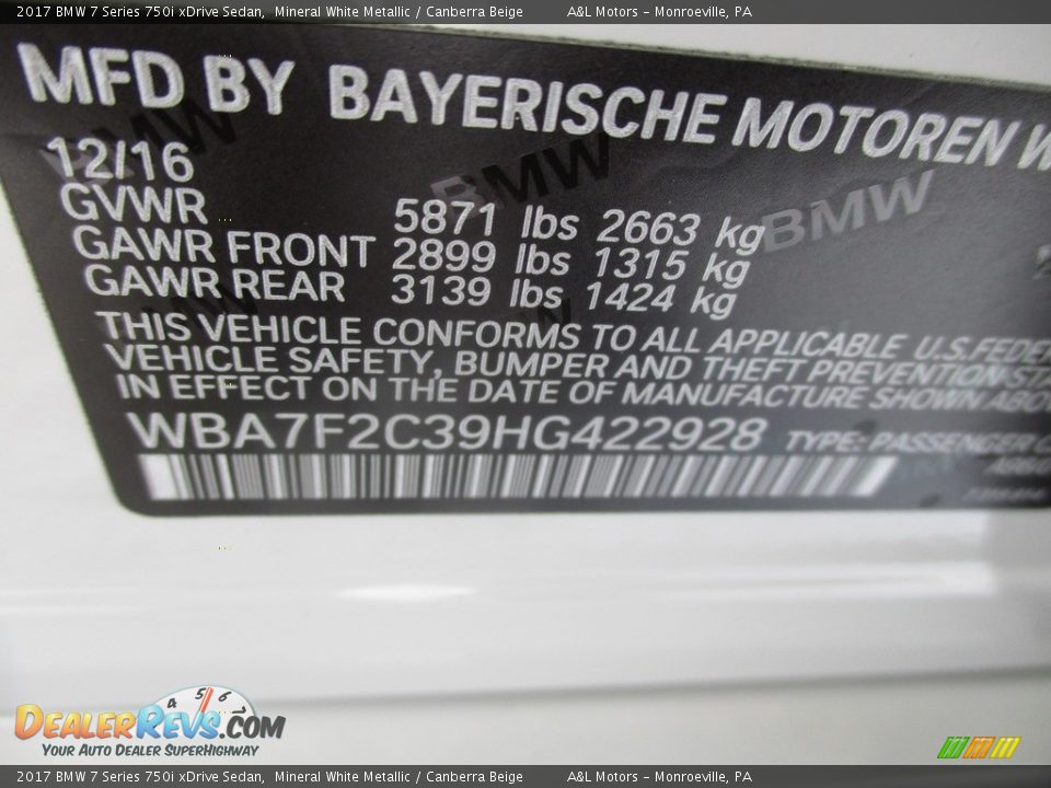 2017 BMW 7 Series 750i xDrive Sedan Mineral White Metallic / Canberra Beige Photo #19