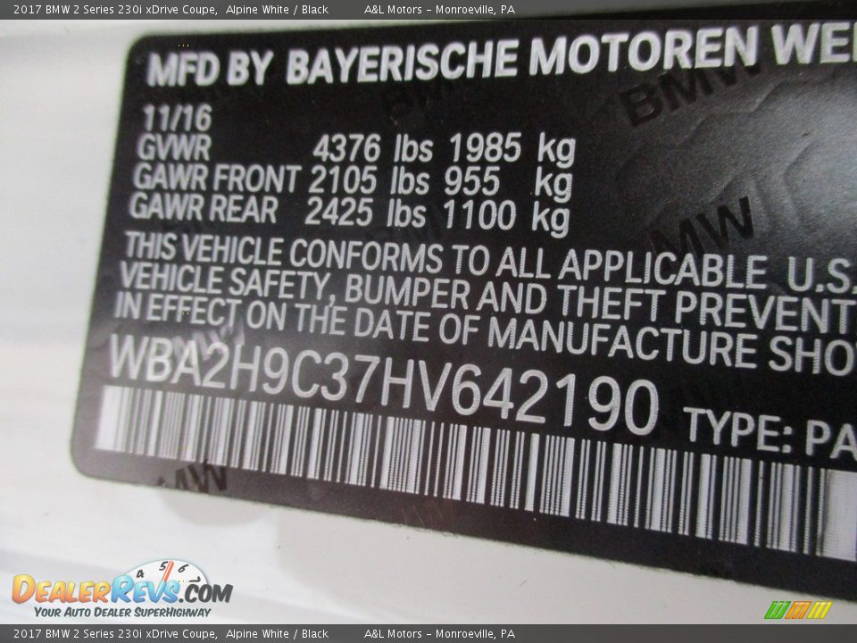 2017 BMW 2 Series 230i xDrive Coupe Alpine White / Black Photo #19