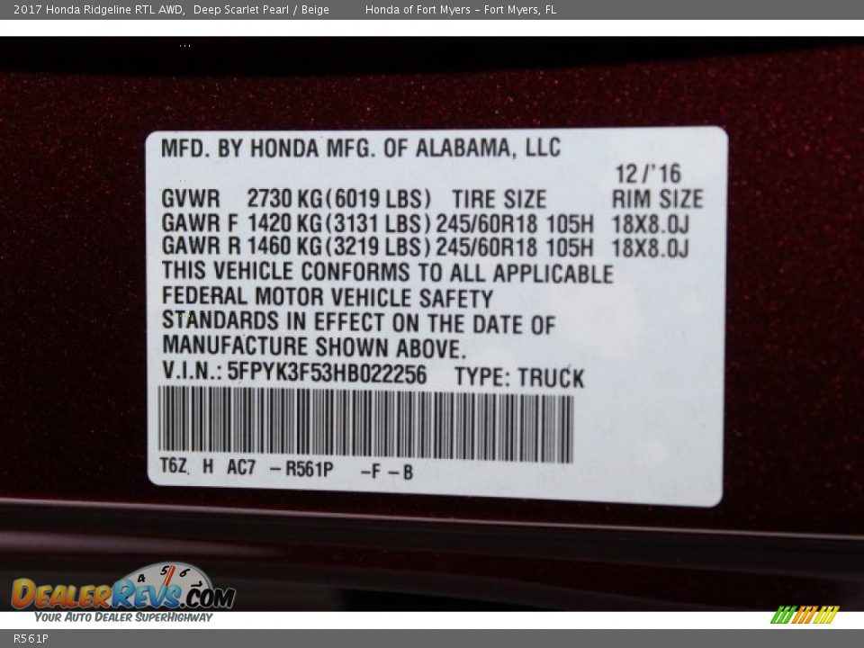 Honda Color Code R561P Deep Scarlet Pearl