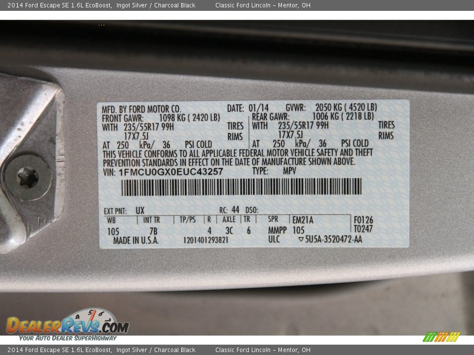 2014 Ford Escape SE 1.6L EcoBoost Ingot Silver / Charcoal Black Photo #17