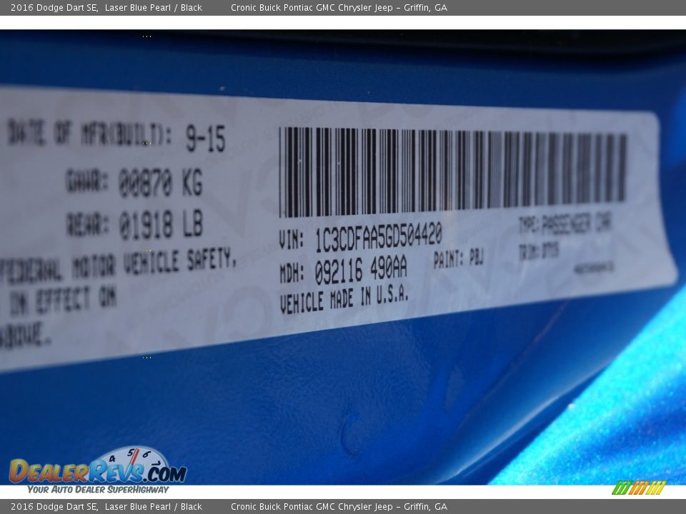 2016 Dodge Dart SE Laser Blue Pearl / Black Photo #15